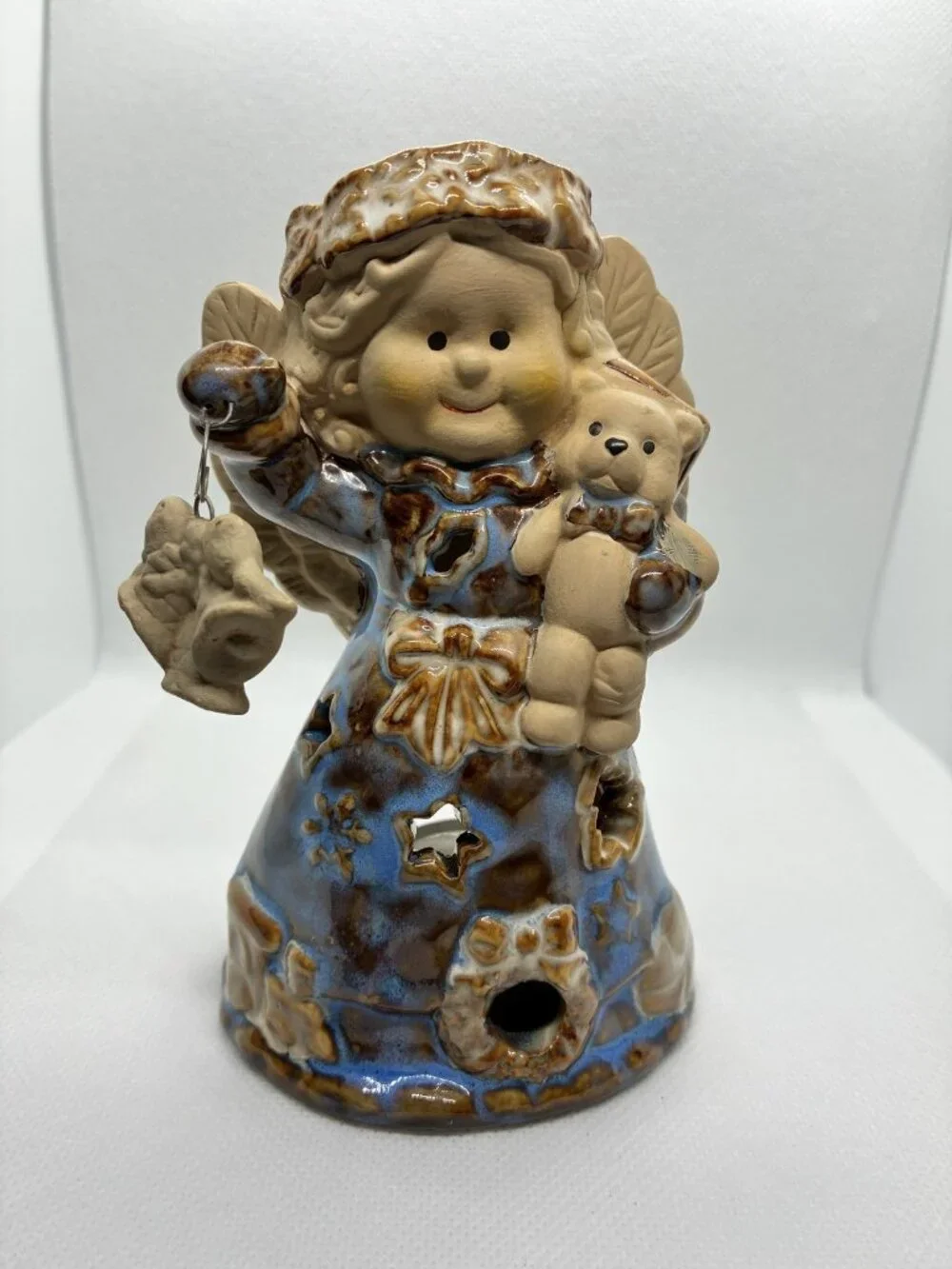 Ceramic Angel Candle Holder Figurine Christmas Decor Tea Light Warmer Blue Brown